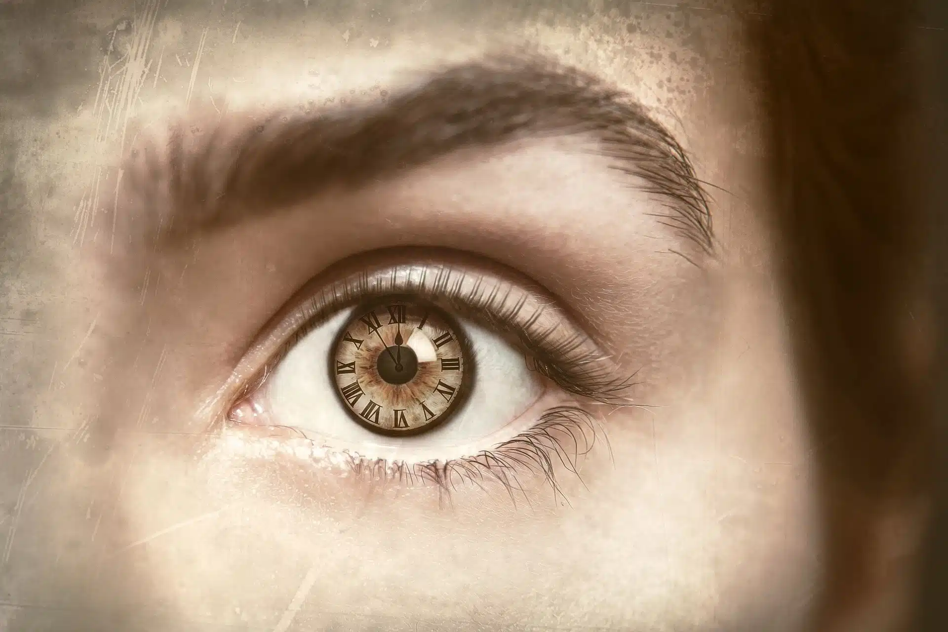 image of a clock in a woman's eye