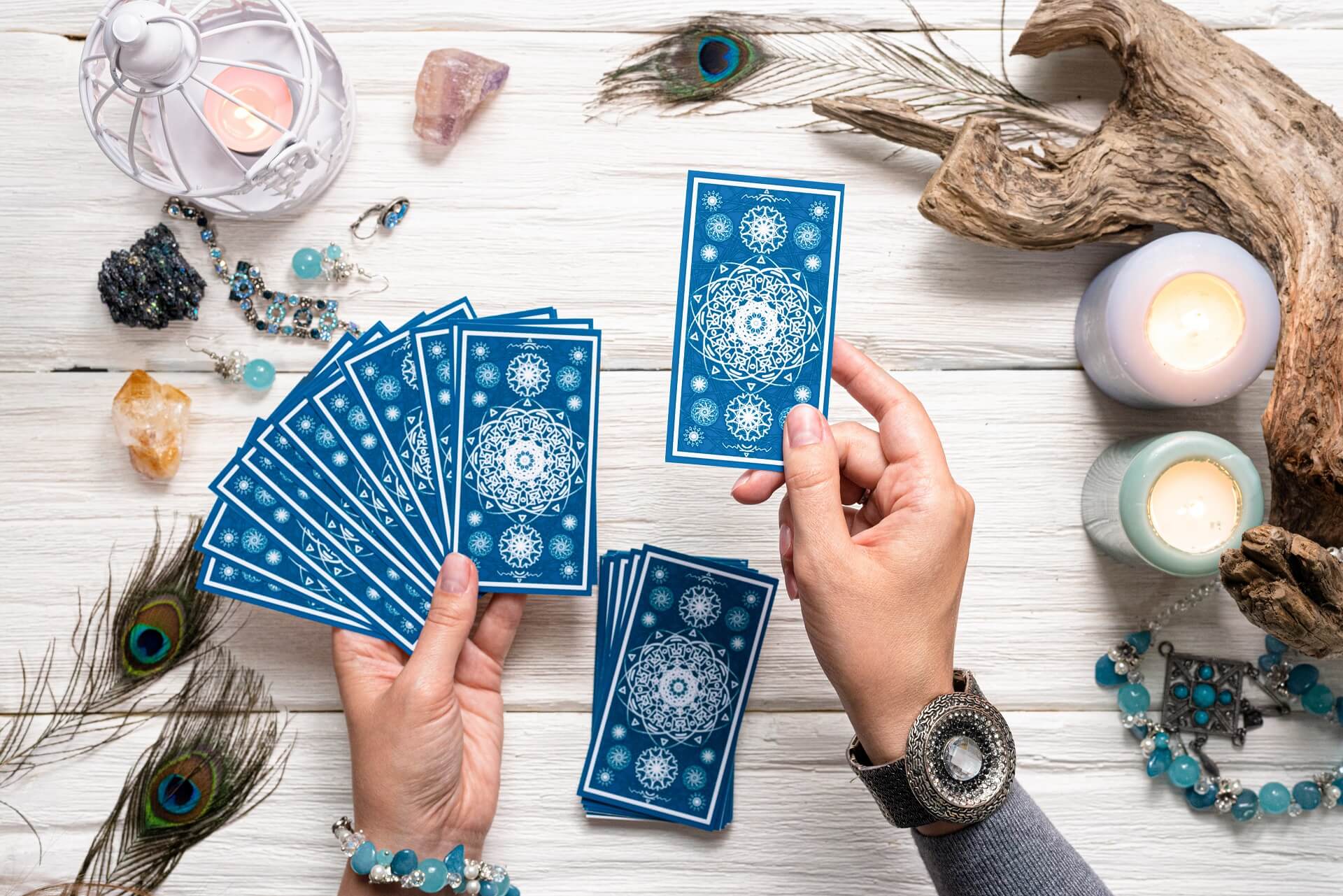 a Tarot reader picking up tarot cards against a white background